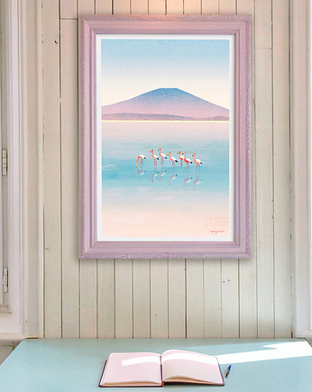 Flamingi - odbicie w jeziorze - plakat fine art, minimalmill