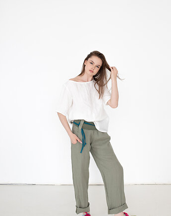 Spodnie lniane luźne , ze ściągaczem w pasie,, NavahoClothing