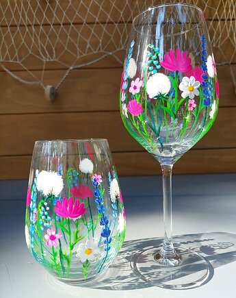 Zestaw kieliszek na wino i szklanka, ręcznie malowane, Edyta Tobiasz Art