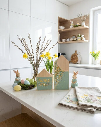 Zestaw Drewnianych Domków Wiosna i Wielkanoc. Ręcznie Malowane Ozdoby, Panda Design