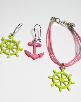 Komplet - Kotwica ster, zieleń, róż - kolczyki, bransoletka, yenoo