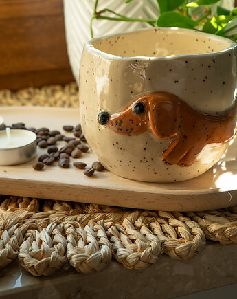 Ceramiczny kubek handmade z jamniczkiem i napisem, Agnieszka Szehyńska Ceramika