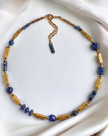 Naszyjnik LAPIS LAZULI i  LAWA : granatowo - złoty, kaktusia