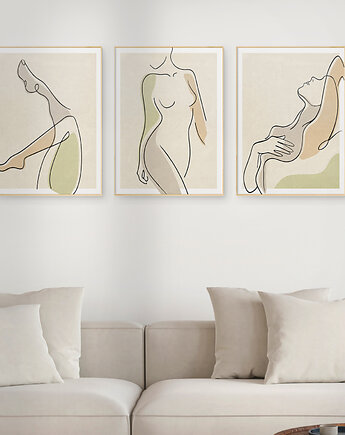 Zestaw 3 stylowych plakatów w stylu Boho, kobieta, ciało, line art., Grawisfera