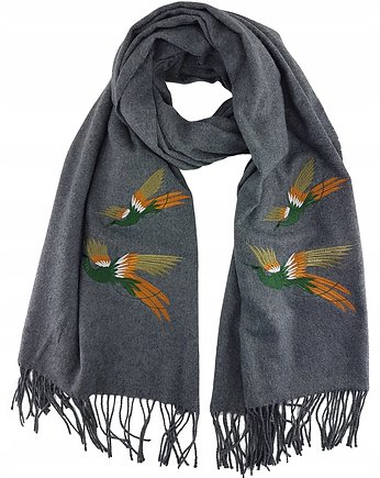 Szalik Damski kaszmirowy szal szary ptaki, AKADEMIA STYLU