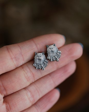 Kolczyki mini kotki z rybami sztyfty ze srebra, Cztery Humory