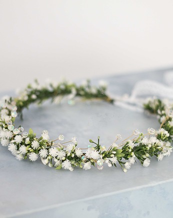 Wianek na głowę - biała gipsówka i kryształki, Lola White