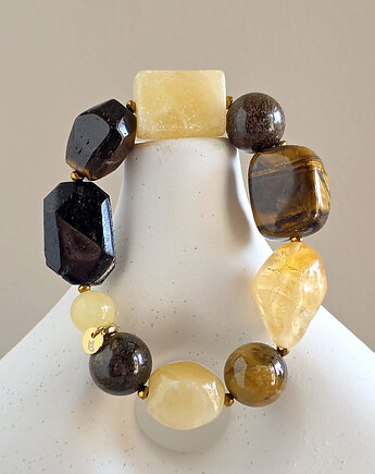 Tygrysie oko, cytryn, czarny turmalin, kalcyt i hematyt bransoletka, Magneska