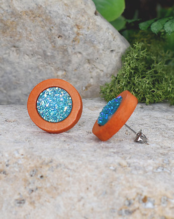 Drewniane kolczyki sztyfty z druzami boho, Spirit Of Copper