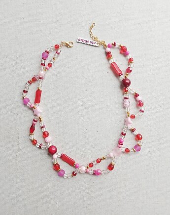 Kolorowy naszyjnik  czerwono  różowy podwójny, m2k studio