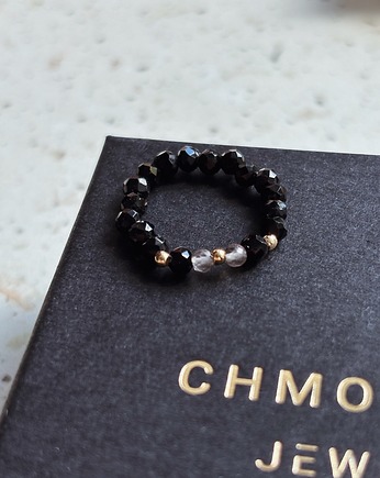 Pierścionek elastyczny Onyks i Kwarc Dymny, Chmolowska Jewellery