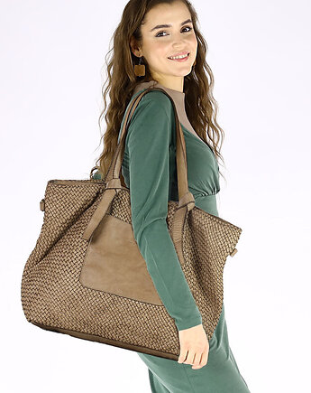 Torebka pleciona damska skórzany shopper bag - beż taupe, Marco Mazzini