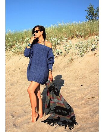 Sweter handmade oversize  blue z wełną, Mademoiselle Patrini