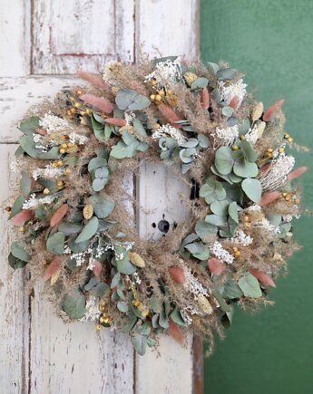 Szept natury - wianek z suszonych kwiatów i traw. Eukaliptus. Różowy, Proste z natury