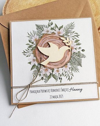 Kartka, PERSONALIZACJA : I Komunia Święta : drewno, kaktusia