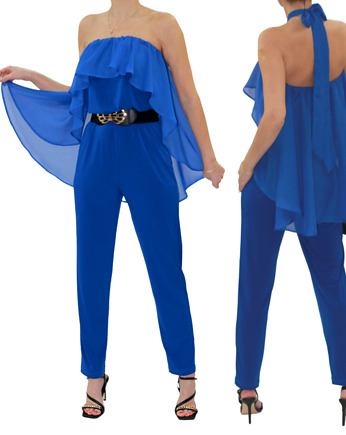 Rozmiar 46-Kombinezon z szyfonową falbaną -blue, MM FASHION