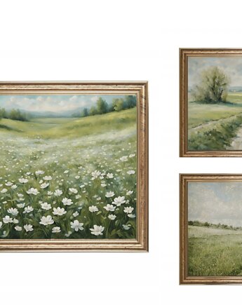 3 Obrazki w ramie, dawne malarstwo, wiejski krajobraz, łąka, black dot studio