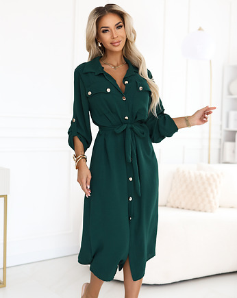 531-7 Szmizjerka midi ze złotymi guzikami i wiązaniem - zielona - UNI, NUMOCO