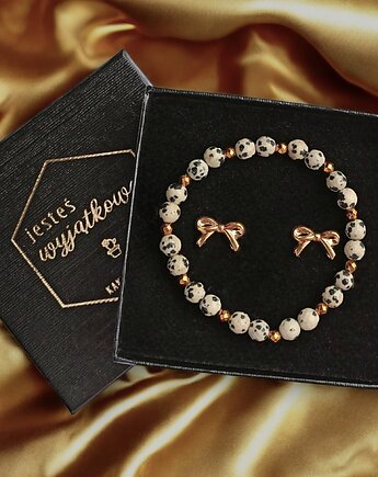 Komplet na prezent : jaspis dalmatyński, stal pozłacana : KOKARDKI, kaktusia