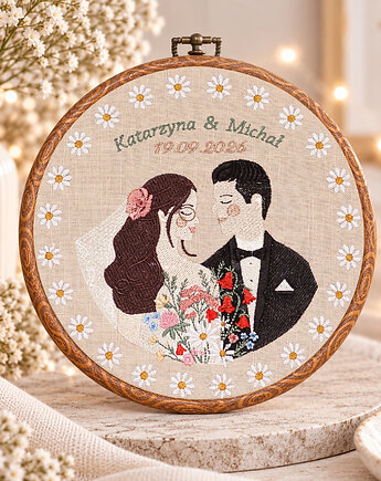 Haft ślubny w tamborku 20 cm, indywidualna pamiątka ślubna, rocznicowa, Plasun