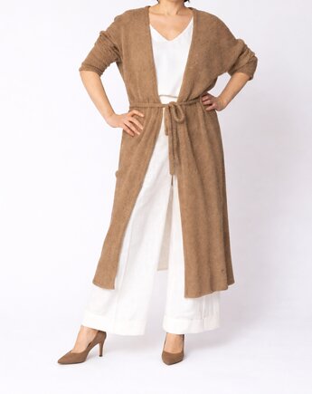 Długi kardigan wełniany z paskiem - Brązowy, YOU by Tokarska