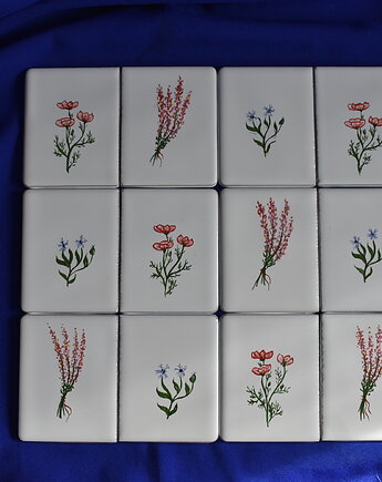 Zestaw 12 ręcznie malowanych kafli- lawenda maki chabry, Kobaltowa Sroka
