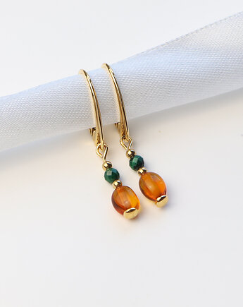 Kolczyki pozłacane - Bursztyn Koniak, Malachit, Bring Biżuteria