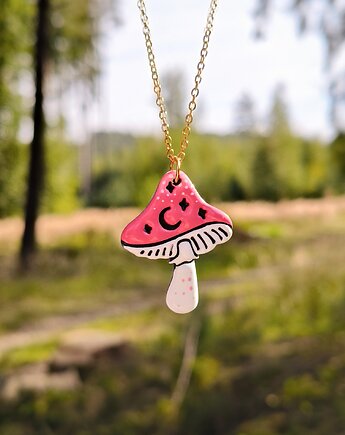 Naszyjnik grzybek różowy magiczne akcesoria kawaii leśny motyw, boho, Dary Rusałki