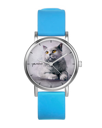 Zegarek  mały - Kot brytyjski - silikonowy, niebieski, yenoo