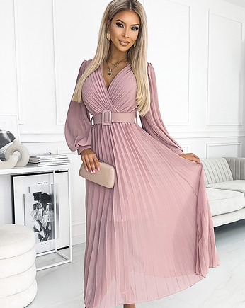 414-2 KLARA plisowana sukienka z paskiem i dekoltem - PUDROWY RÓŻ, NUMOCO