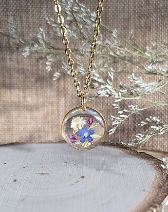 Łąka kwiatowa różowa zawieszka złoty wisiorek kwiaty niezapominajka, zkwiatem