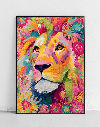Plakat Lew w kwiatach kolorów, Harvest Maison