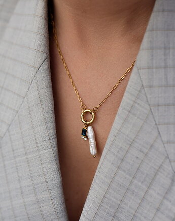 Złoty naszyjnik z naturalną perłą i cyrkoniami ze stali chirurgicznej, Paraiso