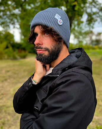 Męska czapka beanie z bawełny logo kolorowe Ciemny szary, Brain Inside