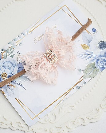 Spinka/opaska kokarda koronka dziewczęca, chrzest, urodziny sesje boho, Petite Dame
