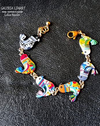 Urocza bransoletka boho z cudnymi kolorowymi emaliowanymi ptaszkami handmade, Galeria Limart