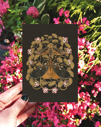 Kartka ćmy, kartka okolicznościowa, pocztówka kwiaty, karta botaniczna, OKAZJE - Prezent na Parapetówkę