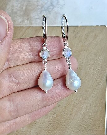 Kolczyki srebrne Perła barokowa i kamień księżycowy, Studio Gazela