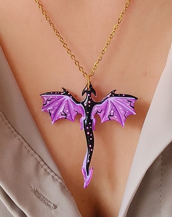 Naszyjnik z fioletowym smokiem, biżuteria fantasy, prezent dla niej, Dary Rusałki