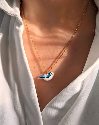 Wisiorek z ptaszkiem sikorką, naszyjnik niebieski ptak sikorka lazurowa, Dary Rusałki