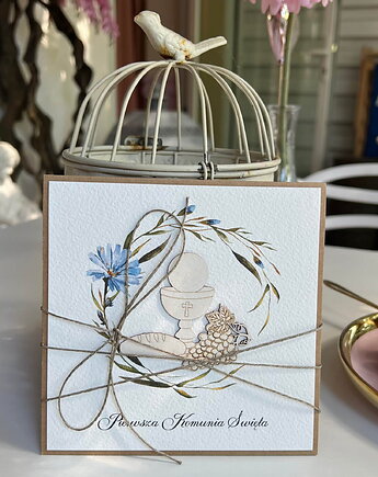 Ręcznie robiona kartka na komunię z życzeniami - komunijna Kielich, sorte