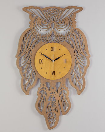 DEKORACYJNY, AŻUROWY ZEGAR ŚCIENNY, SOWA, ŁAPACZ SNÓW,BOHO DESIGN, Bejca, ORNAMENTI