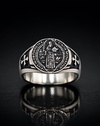 Srebrny sygnet z medalem św. Benedykta, LE JEWELRY