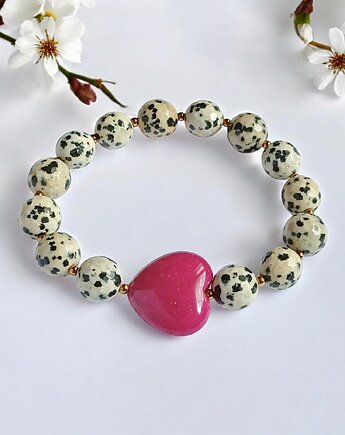 Jaspis dalmatyński i serce : FUKSJA : bransoletka na gumce, kaktusia