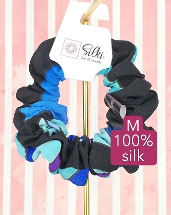 M  średnia gumka do włosów jedwab naturalny scrunchie czarna niebieska, Silki