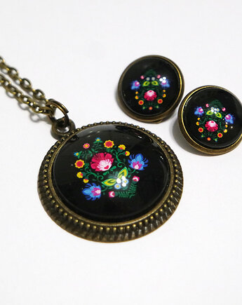 Naszyjnik i klipsy - Folkowy czarny, brąz