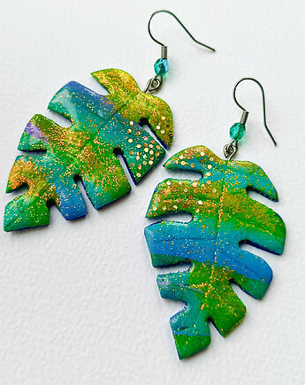 Kolczyki z brokatem - liście monstera, OMIFIMO