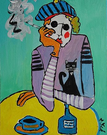 Obraz  fowizm dama babcia z kotkiem i kawką, alice oil on canvas
