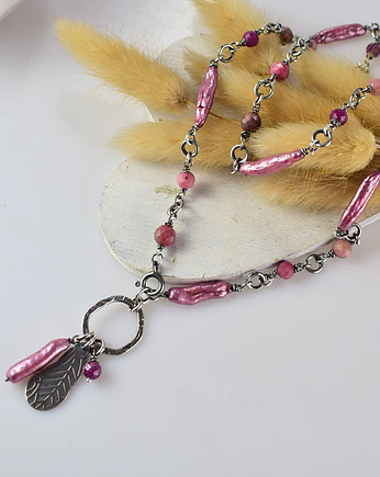 Nivora - srebrny naszyjnik z perłami, rubinem i rodonitem, Sunflower Kornelia Kubinowska