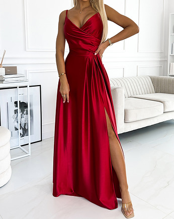 299-14 CHIARA elegancka maxi satynowa suknia na ramiączkach - czerwona, NUMOCO